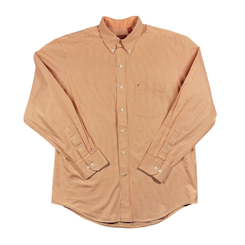 IZOD Button Down Shirt Mens M Orange White Striped Long Sleeve Preppy